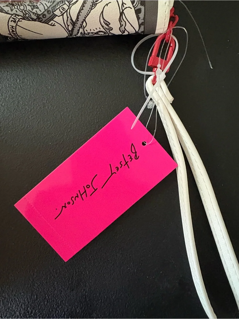 Betsey Johnson White & Black Newspaper Print Zip Wallet with Pink Logo